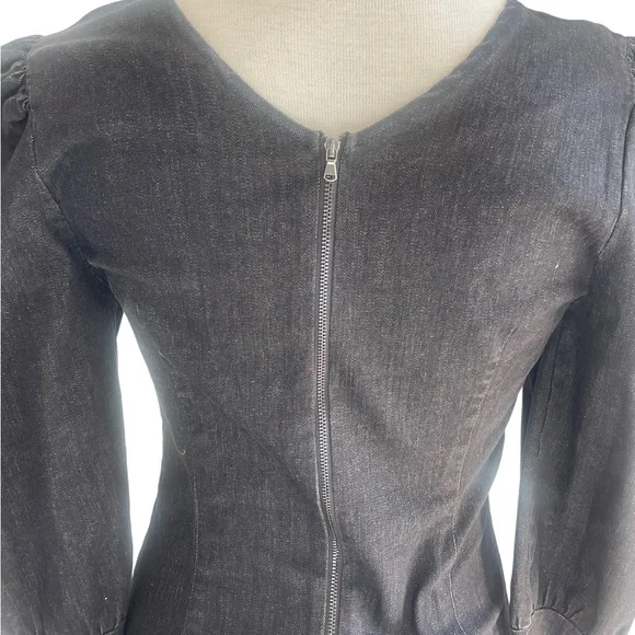 TOPSHOP SEAMED DENIM IN WASHED BLACK ROUND NECK PUFF SHOULDER | SIZE UK10 NWT - Picture 6 of 12
